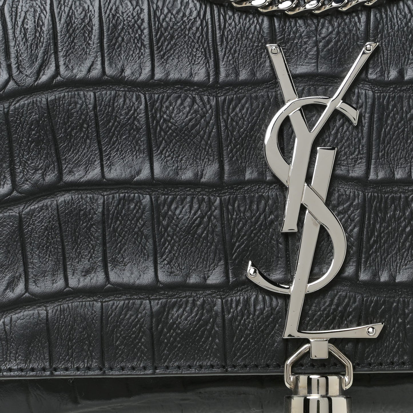 Calfskin Crocodile Embossed Monogram Small Kate Tassel Satchel Black