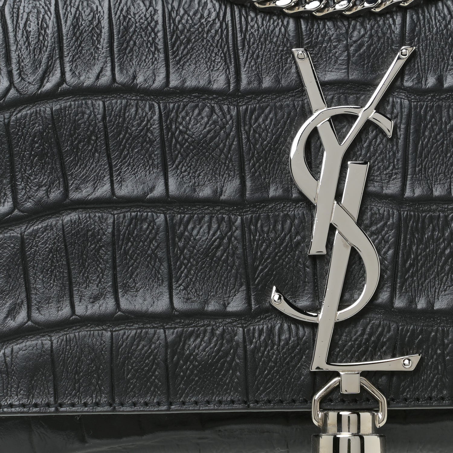 Saint Laurent Calfskin Crocodile Embossed Monogram Small Kate Tassel Satchel Black 8 of 9