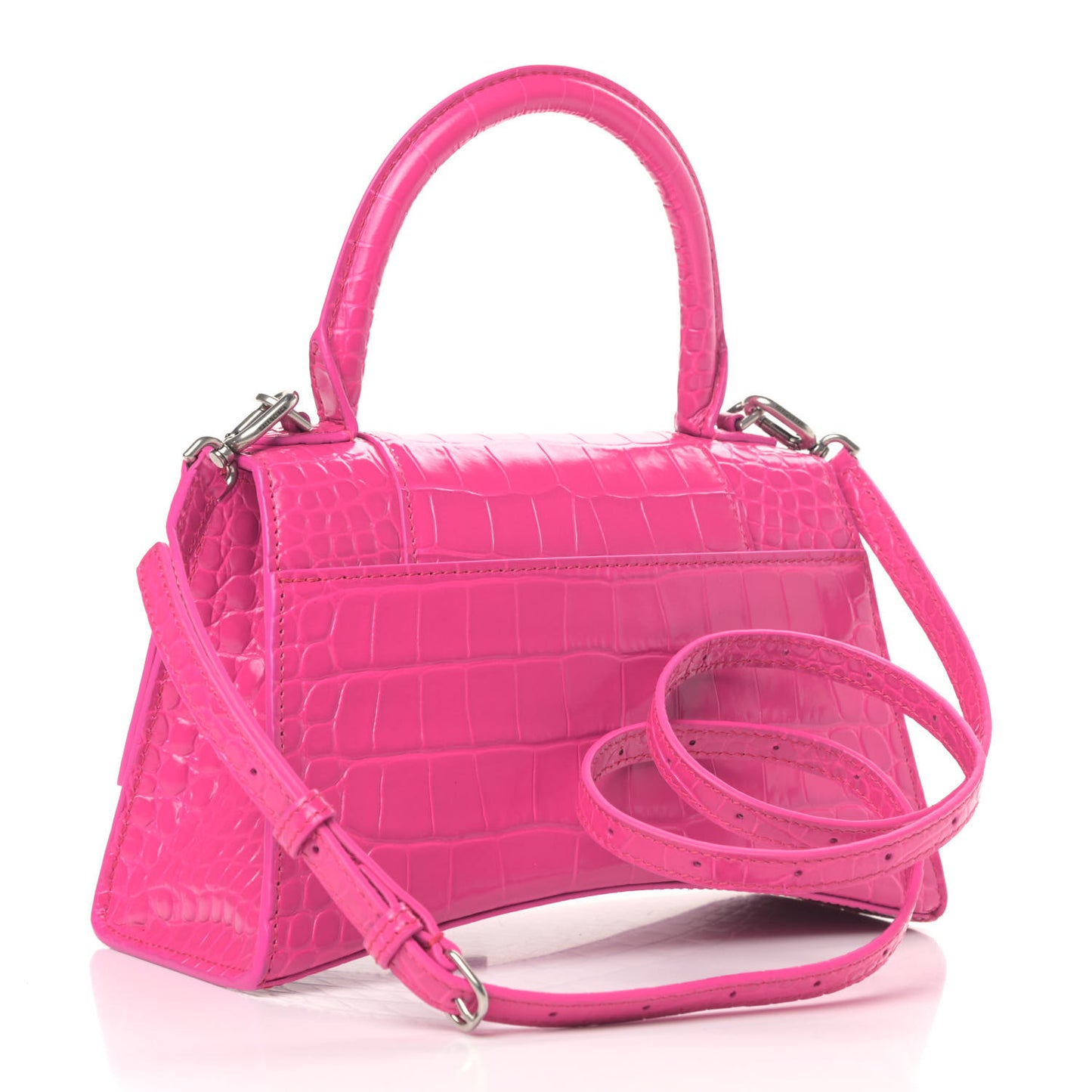 Shiny Calfskin Crocodile Embossed Small Hourglass Top Handle Bag Fuchsia