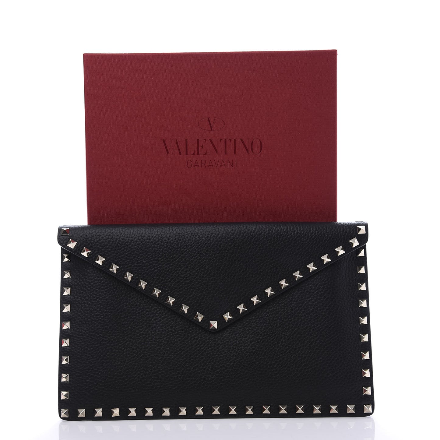 Pebbled Calfskin Large Rockstud Envelope Clutch Black