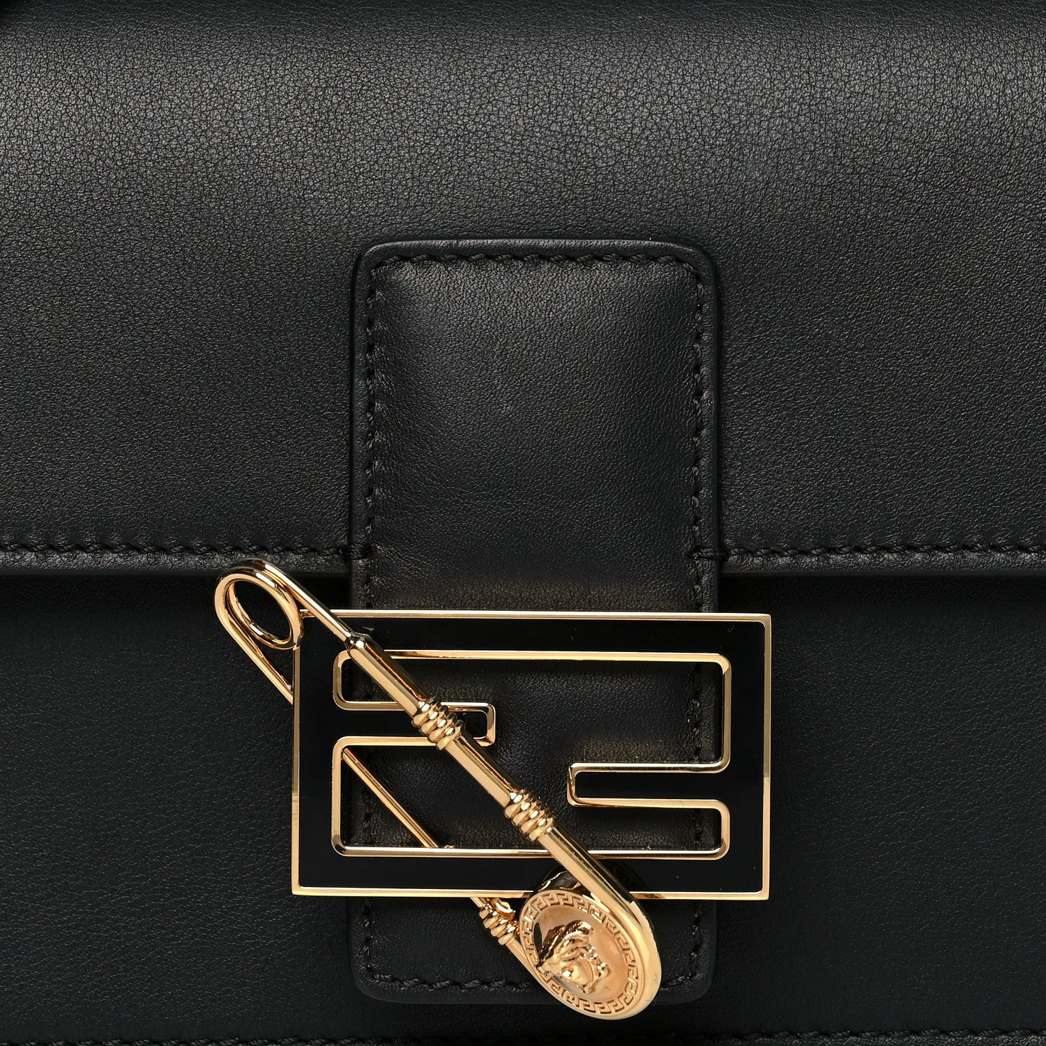 Fendi X VERSACE Vitello Seta Fendace Brooch Baguette Black 6 of 8