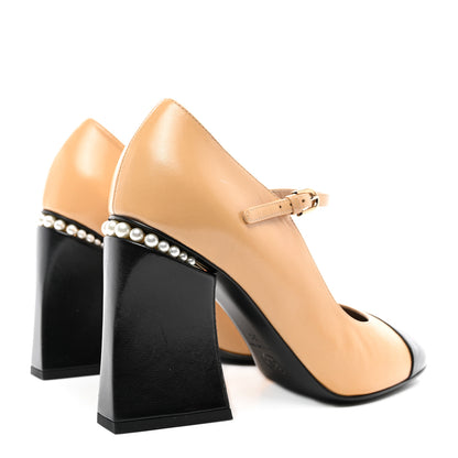Chanel Shiny Goatskin Pearls Cap Toe Open Slingback Pumps 39 Beige Black 4 of 9