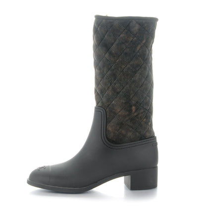 Chanel Rubber Shearling Quilted Tall Boots 39 Black Grey 1 of 6