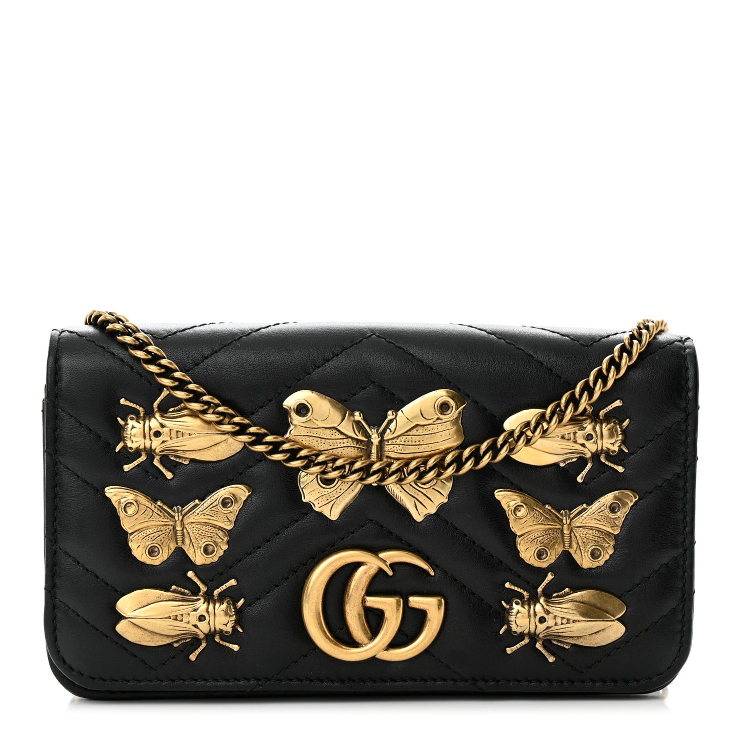 Calfskin Matelasse Mini Animal Studs GG Marmont Bag Black