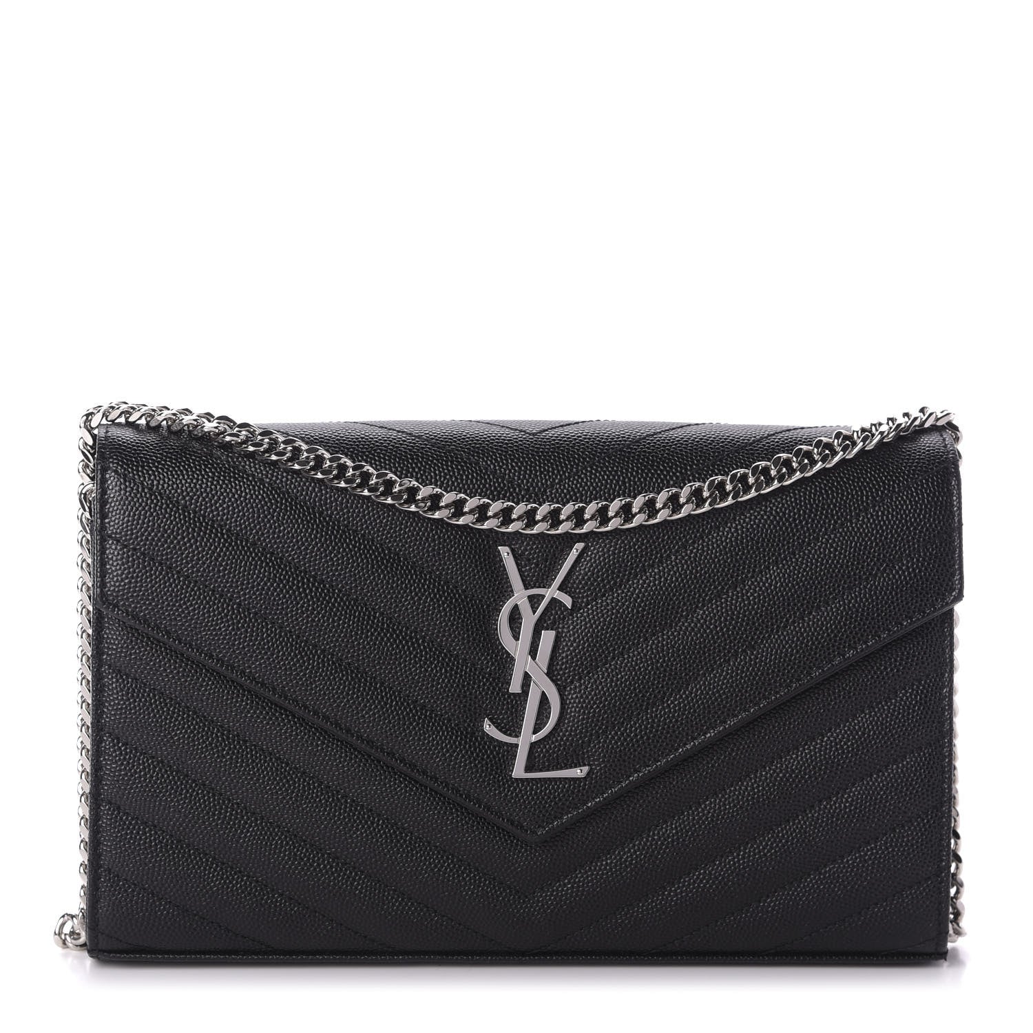 Saint Laurent Grain De Poudre Matelasse Chevron Monogram Chain Wallet Black 1 of 8