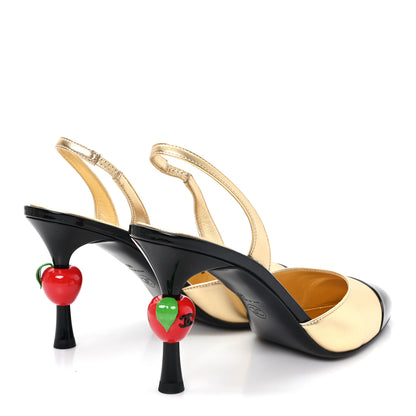 Chanel Laminated Lambskin Patent Cap Toe CC Apple Slingback Pumps 40 Gold Black 5 of 10