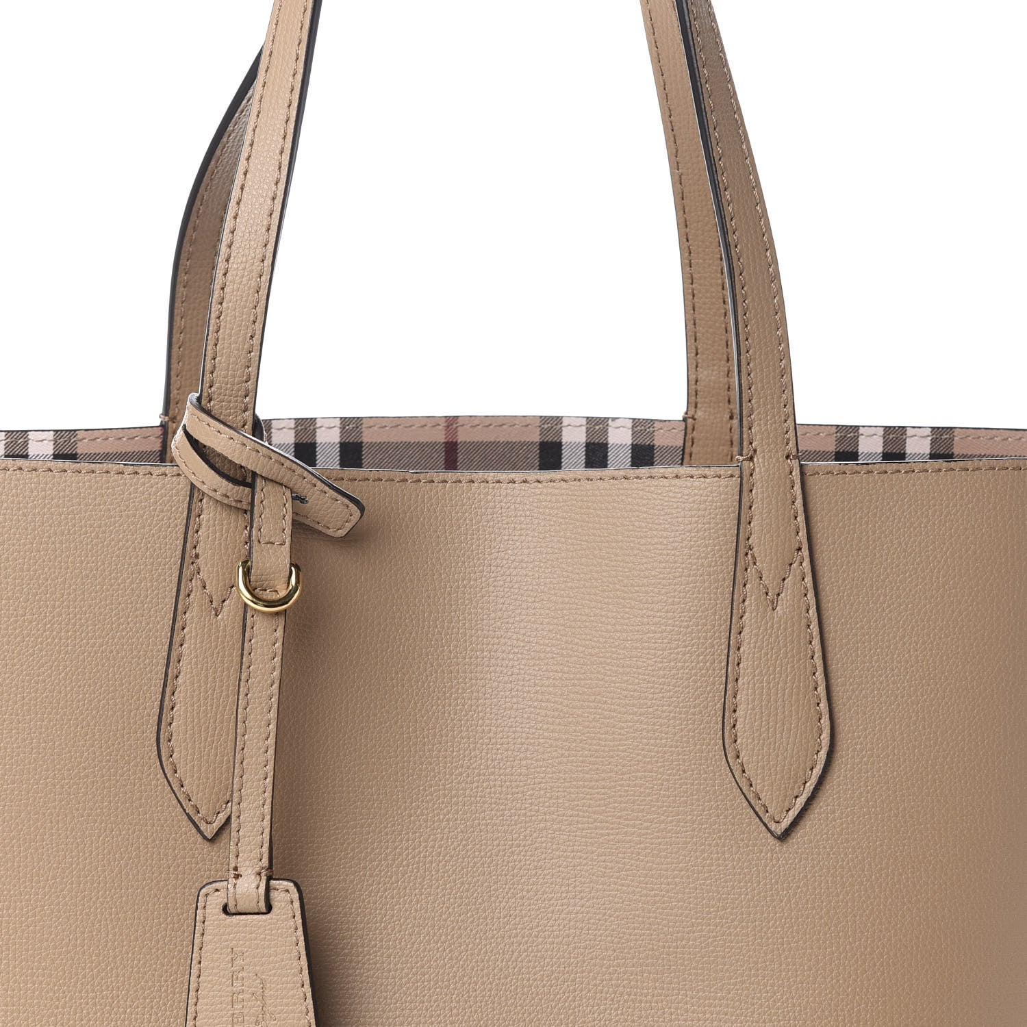 Burberry Grainy Calfskin Haymarket Check Medium Reversible Tote Camel 11 of 14