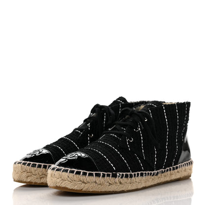 Chanel Tweed Calfskin Patent CC Lace Up Espadrilles 38 Black 3 of 7