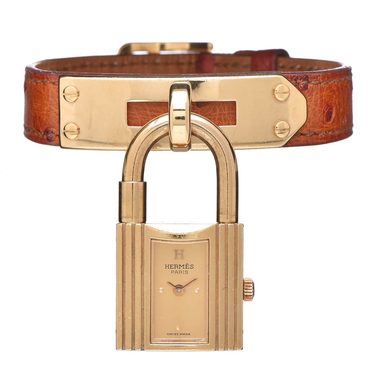 Hermes Stainless Steel Ostrich 20mm Kelly Cadena Quartz Watch Gold 1 of 8