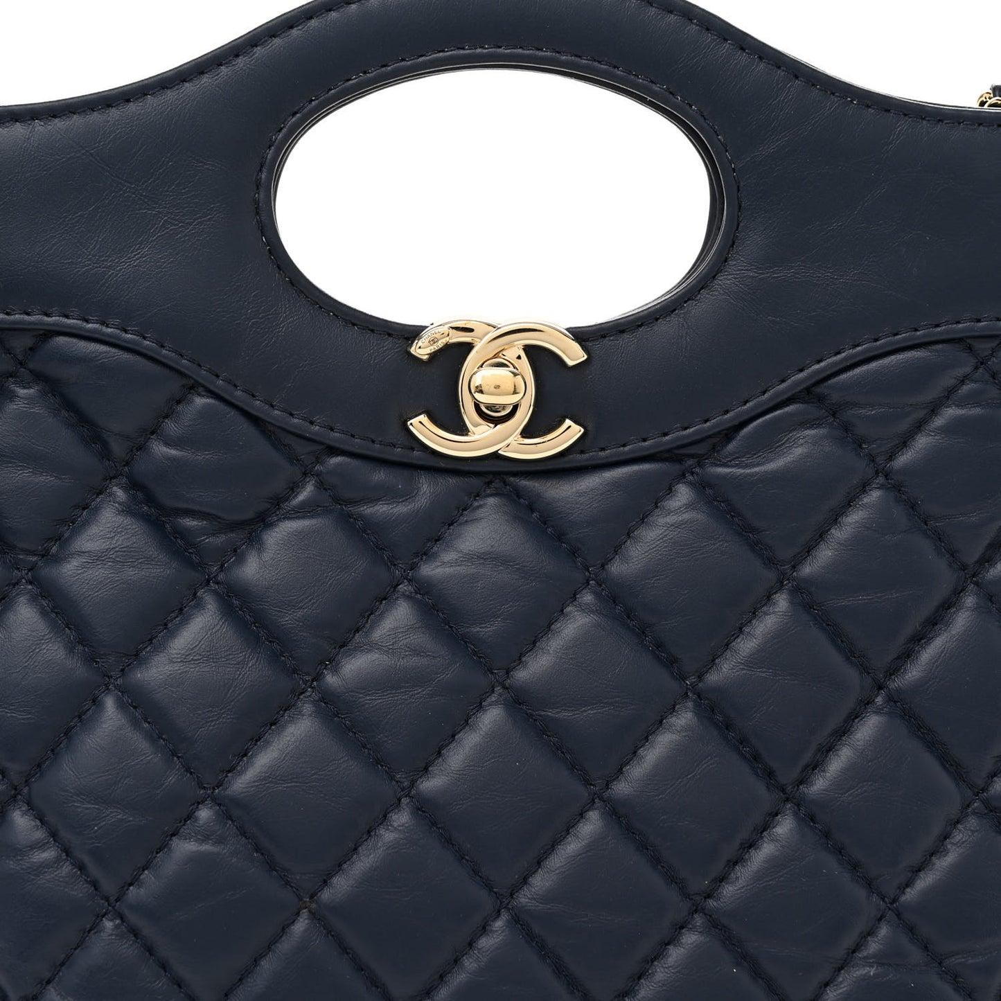 Shiny Crumpled Calfskin Quilted Mini 31 Shopping Bag Navy Blue