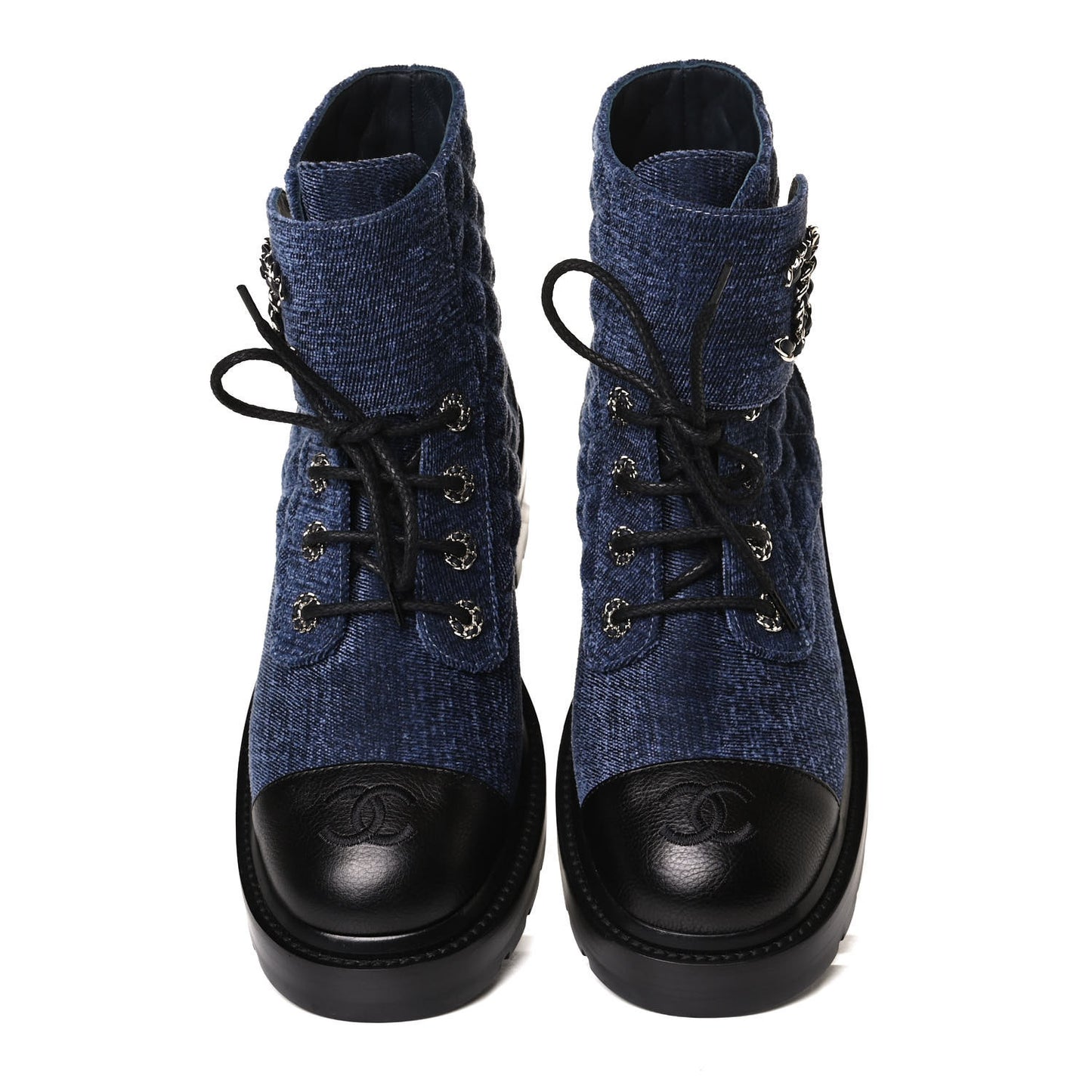 Shiny Calfskin Velvet Quilted Lace Up Combat Boots 39 Blue Black