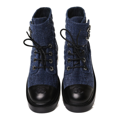 Chanel Shiny Calfskin Velvet Quilted Lace Up Combat Boots 39 Blue Black 5 of 14