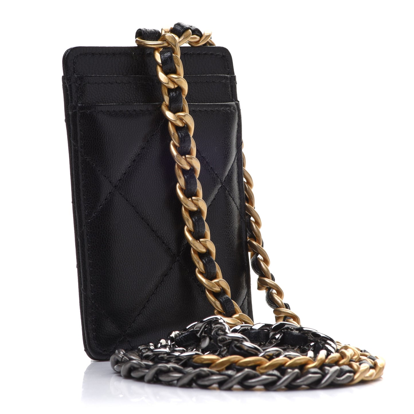 Goatskin Quilted Chanel 19 Card Holder On Chain Black