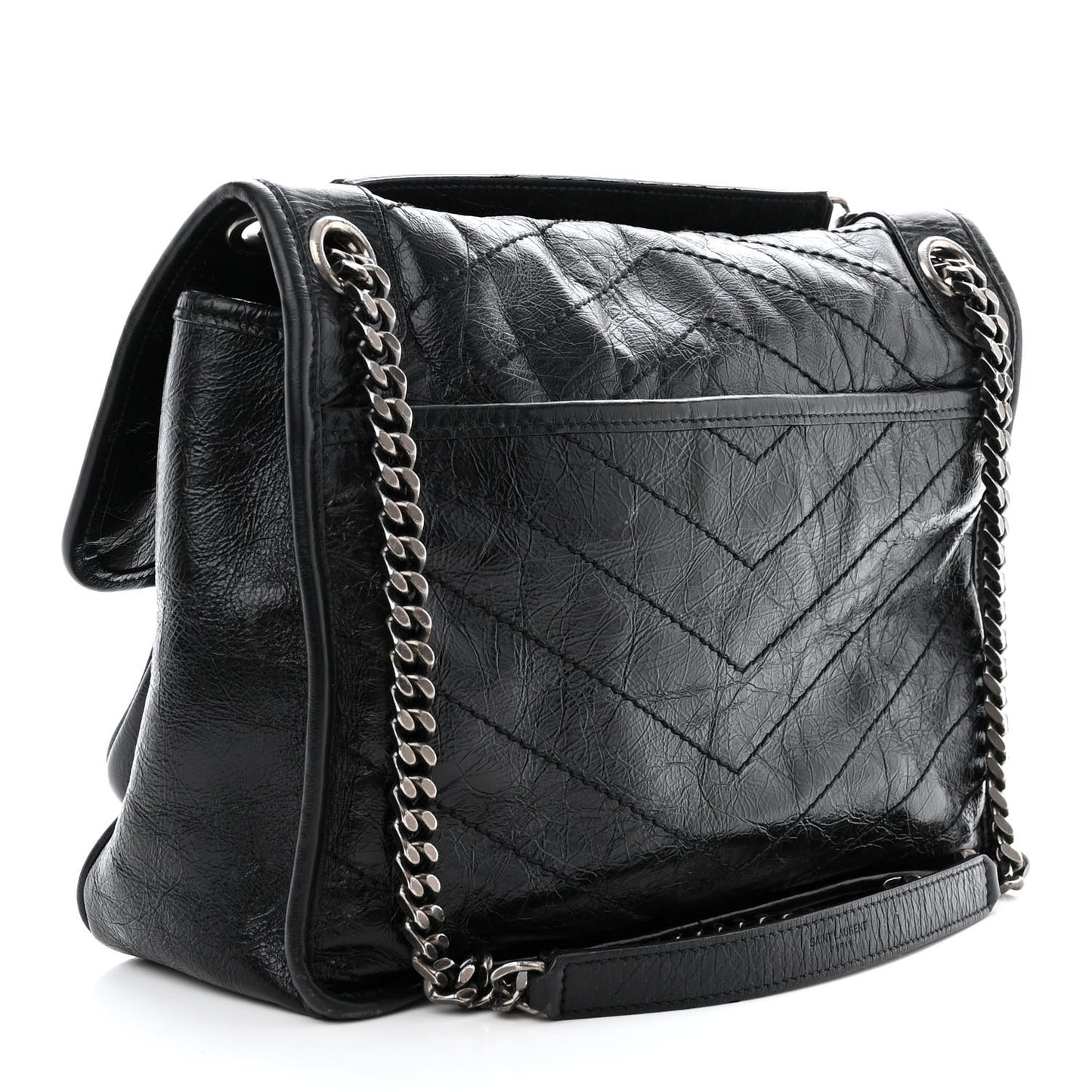 Crinkled Calfskin Matelasse Monogram Medium Niki Chain Satchel Black