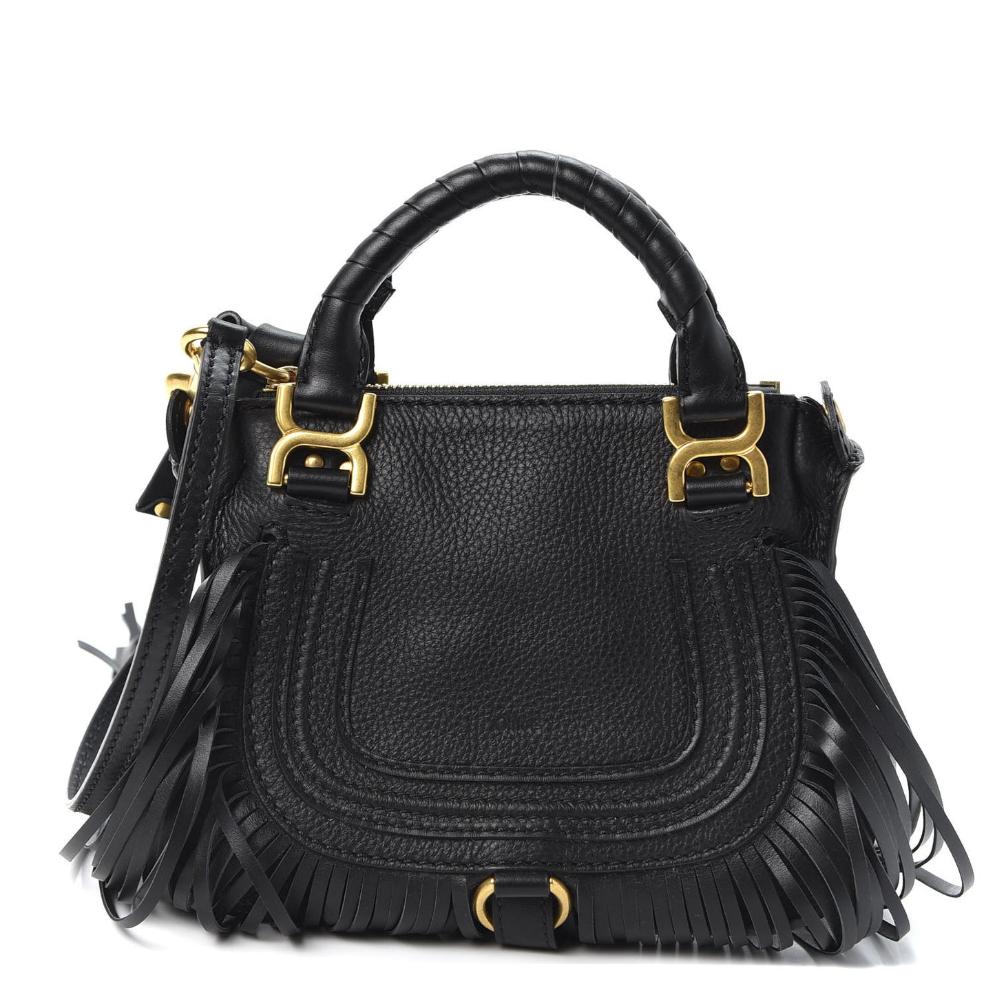Shiny Small Grain Calfskin Mini Marcie Multi Fringe Satchel Black