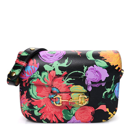 Gucci X KEN SCOTT New Shangai Calfskin Jenny Floral Print Horsebit 1955 Shoulder Bag Black Pink 1 of 10