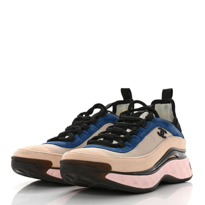 Chanel Fabric Suede CC Sneakers 37.5 Blue Beige Pink 3 of 8