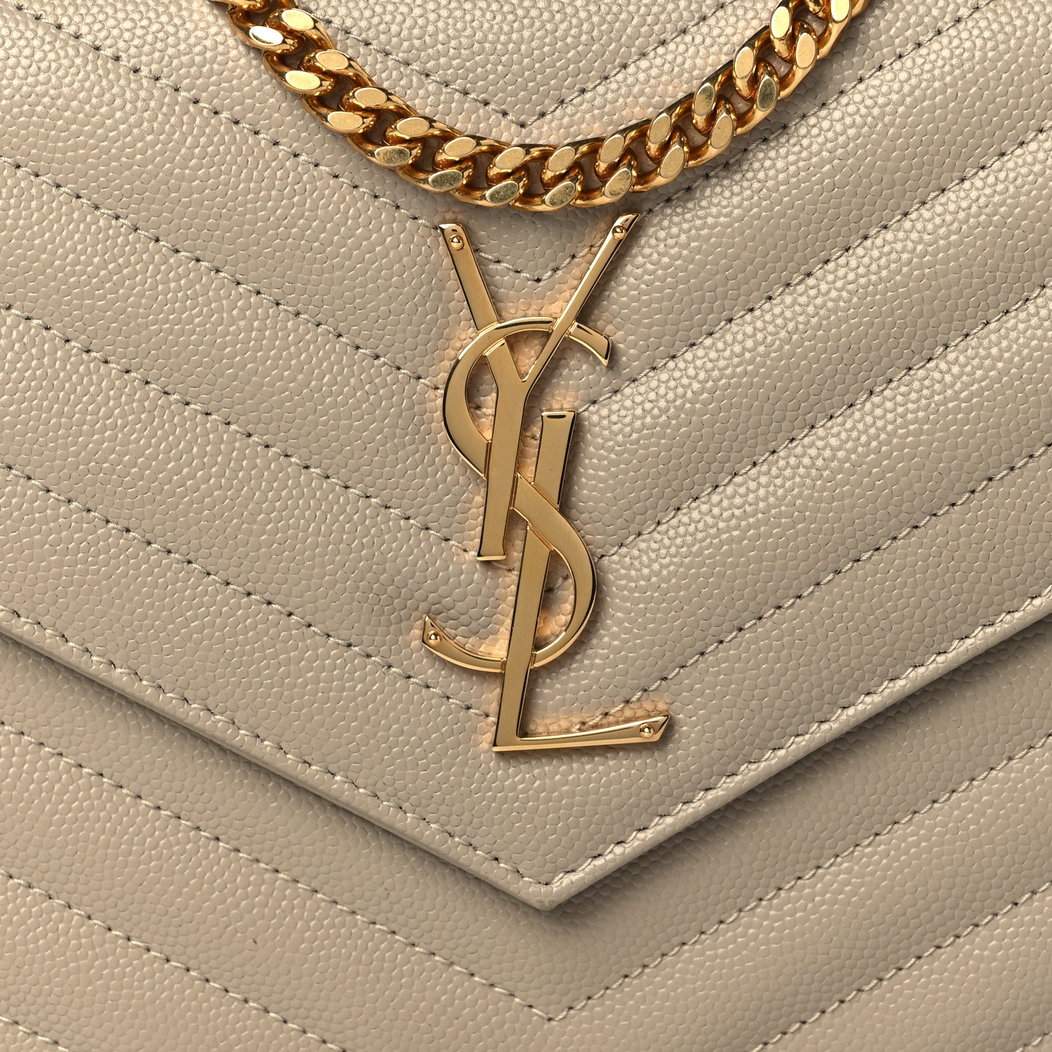 Saint Laurent Grain De Poudre Matelasse Chevron Monogram Chain Wallet Dark Beige 8 of 10
