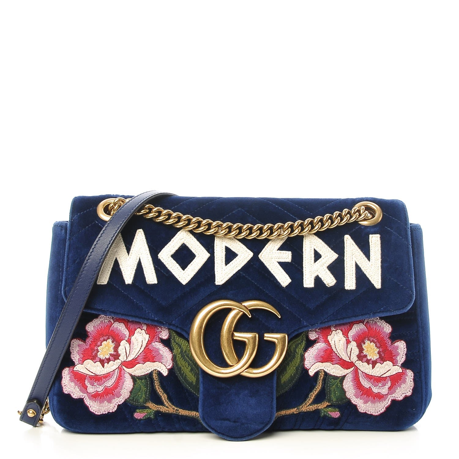 Gucci Velvet Matelasse Modern Embroidered Medium GG Marmont Shoulder Bag Cobalt 1 of 8