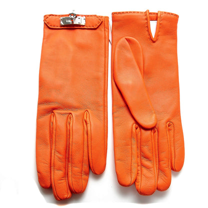 Hermes Lambskin Soya Kelly Lock Gloves 7 Orange 1 of 6