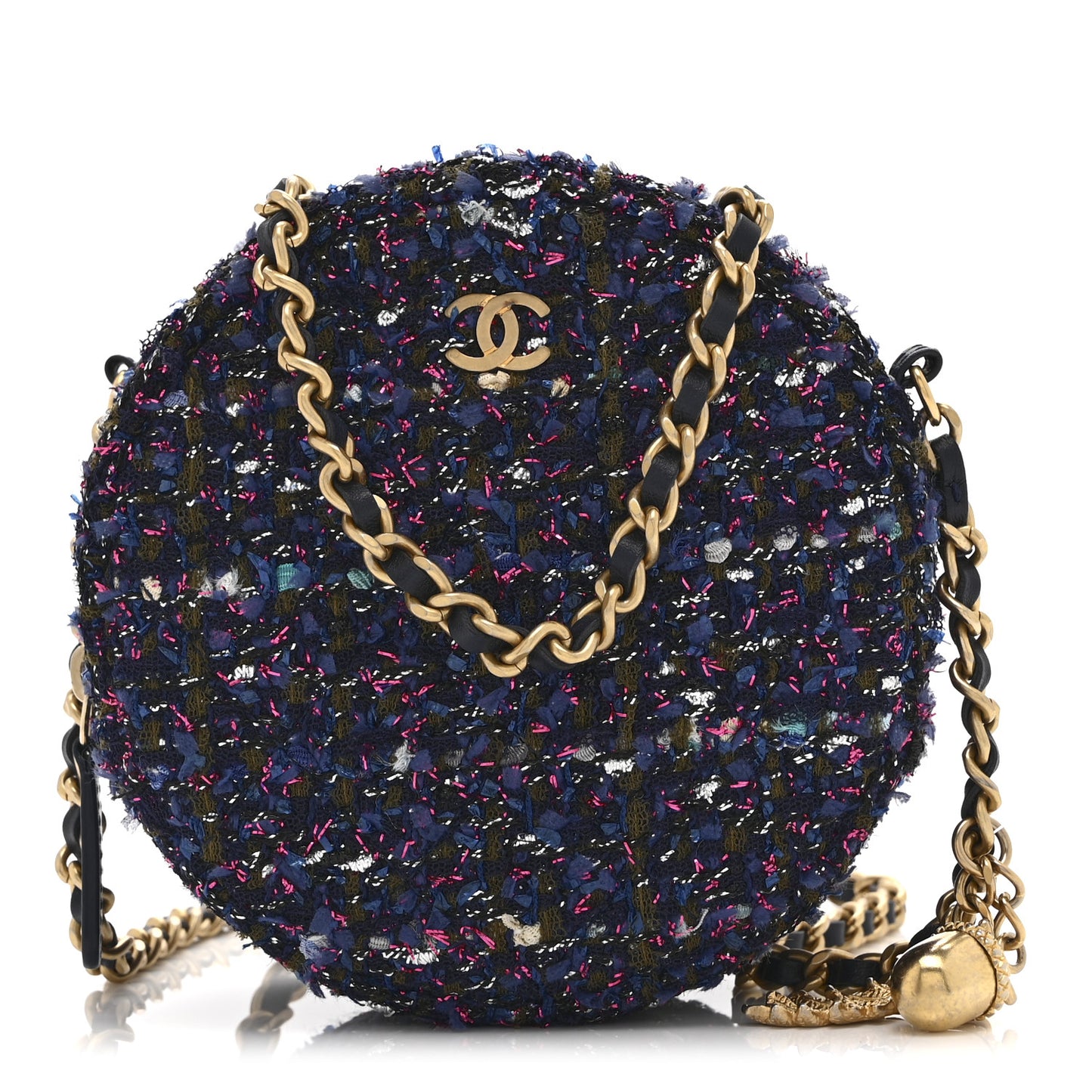 Tweed Quilted Round Clutch With Chain Multicolor