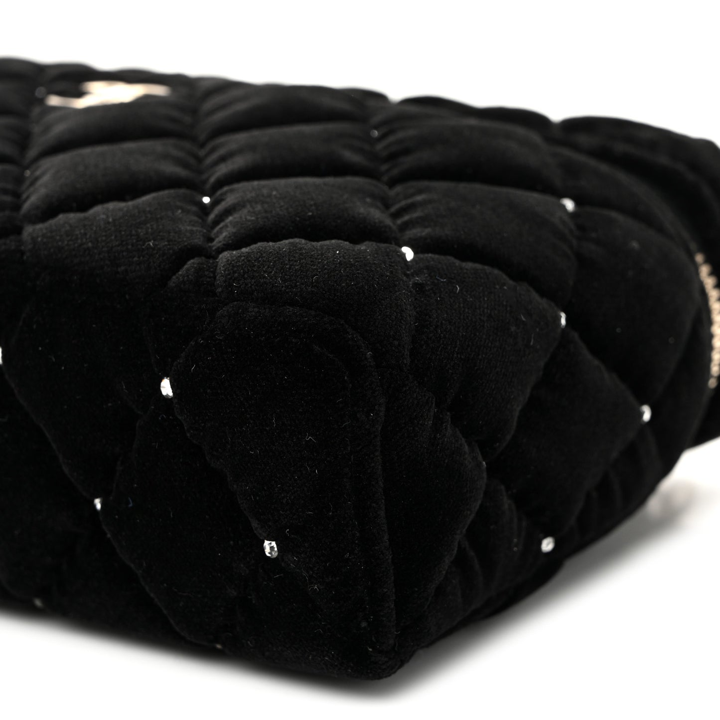 Velvet Diamanté Quilted Top Handle Slim Vanity Case With Chain Black