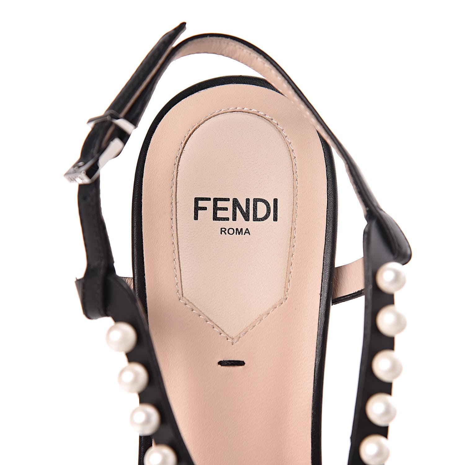 Fendi Calfskin Faux Pearl Embellished Bow Ankle Strap Heel 38 Black 6 of 13