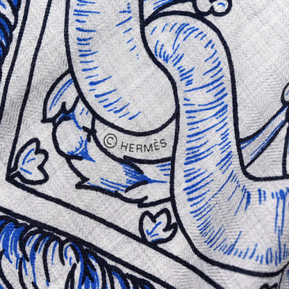 Hermes Cashmere Silk Bride De Cour Remix Scarf 140 Bleu Royal Gris Chine 3 of 4