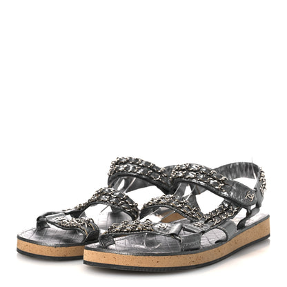 Chanel Metallic Laminated Goatskin Chain Flat Sandals 39 Dark Silver 4 of 12