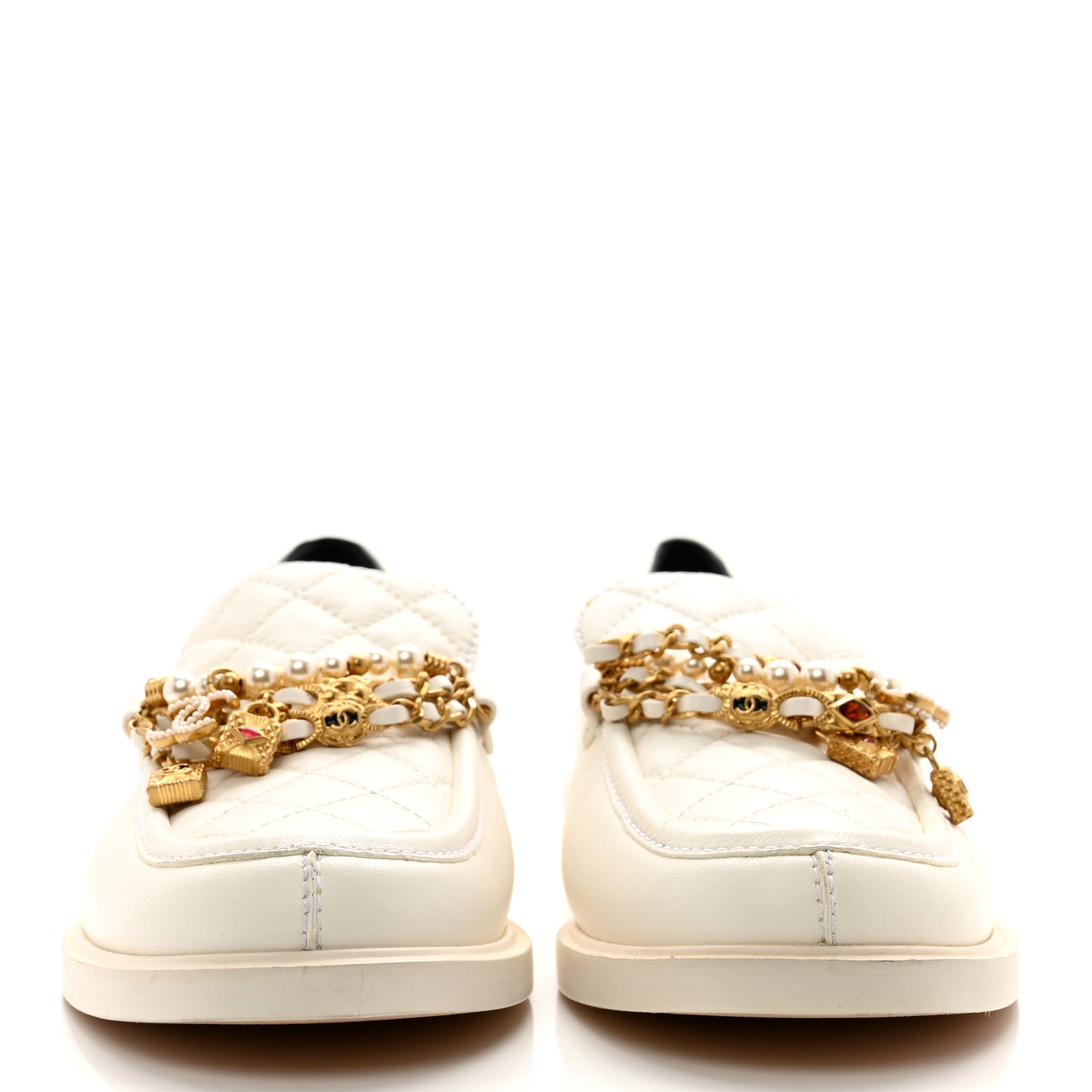 Chanel Lambskin Pearl Crystal Quilted CC Logo Jewelry Loafers 38.5 White 2 of 9