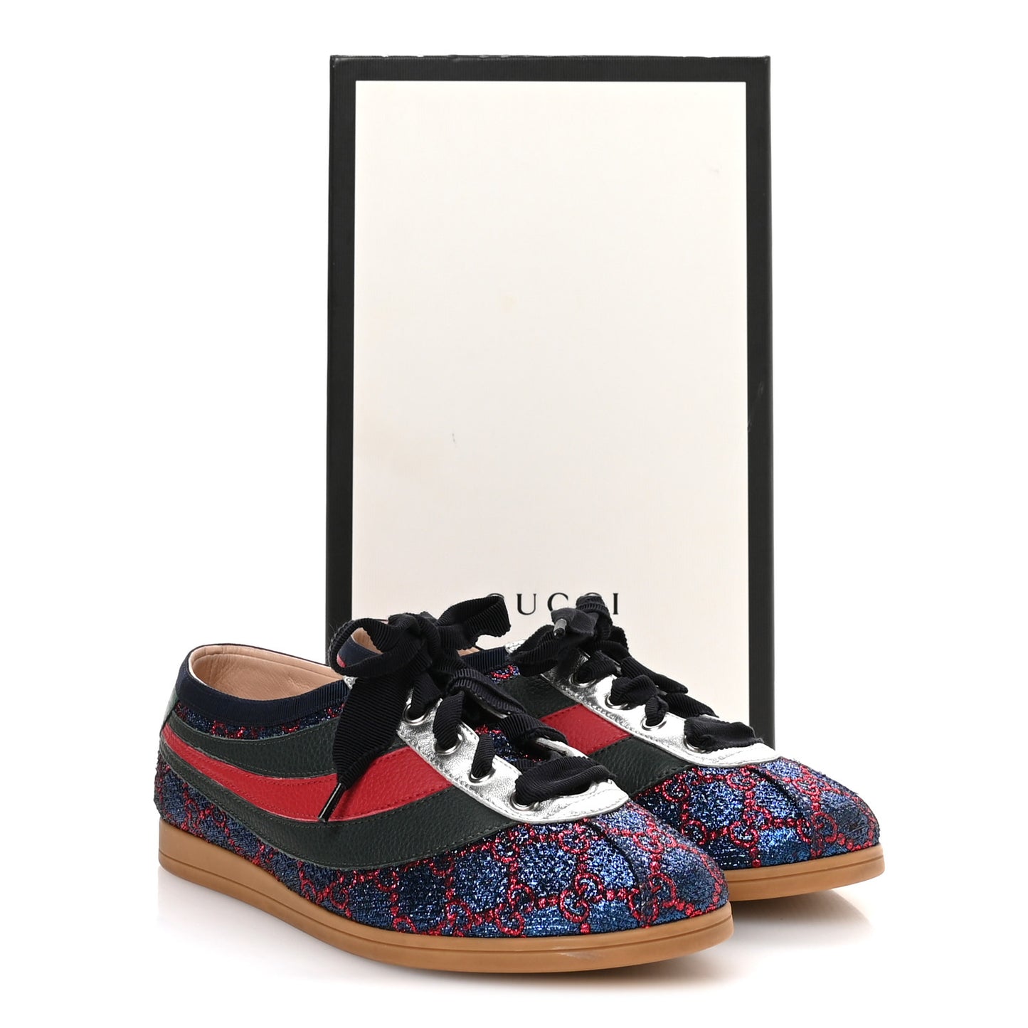 Lurex Calfskin Web GG Monogram Womens Falacer Sneakers 38 Iridescent Blue Iridescent Red Silver