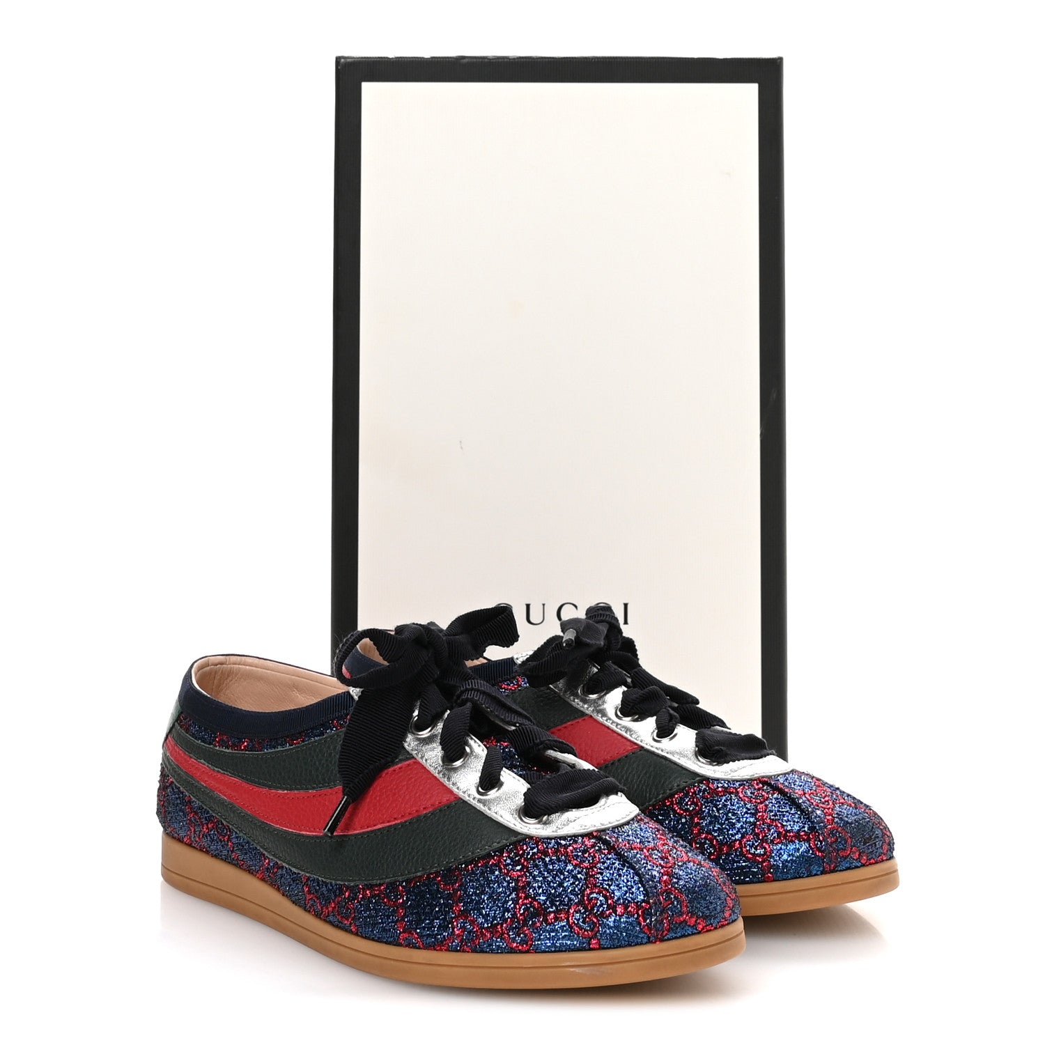 Gucci Lurex Calfskin Web GG Monogram Womens Falacer Sneakers 38 Iridescent Blue Iridescent Red Silver 9 of 9