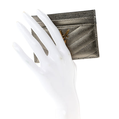 Saint Laurent Metallic Grain De Poudre Matelasse Chevron Monogram Credit Card Case Pewter 2 of 7