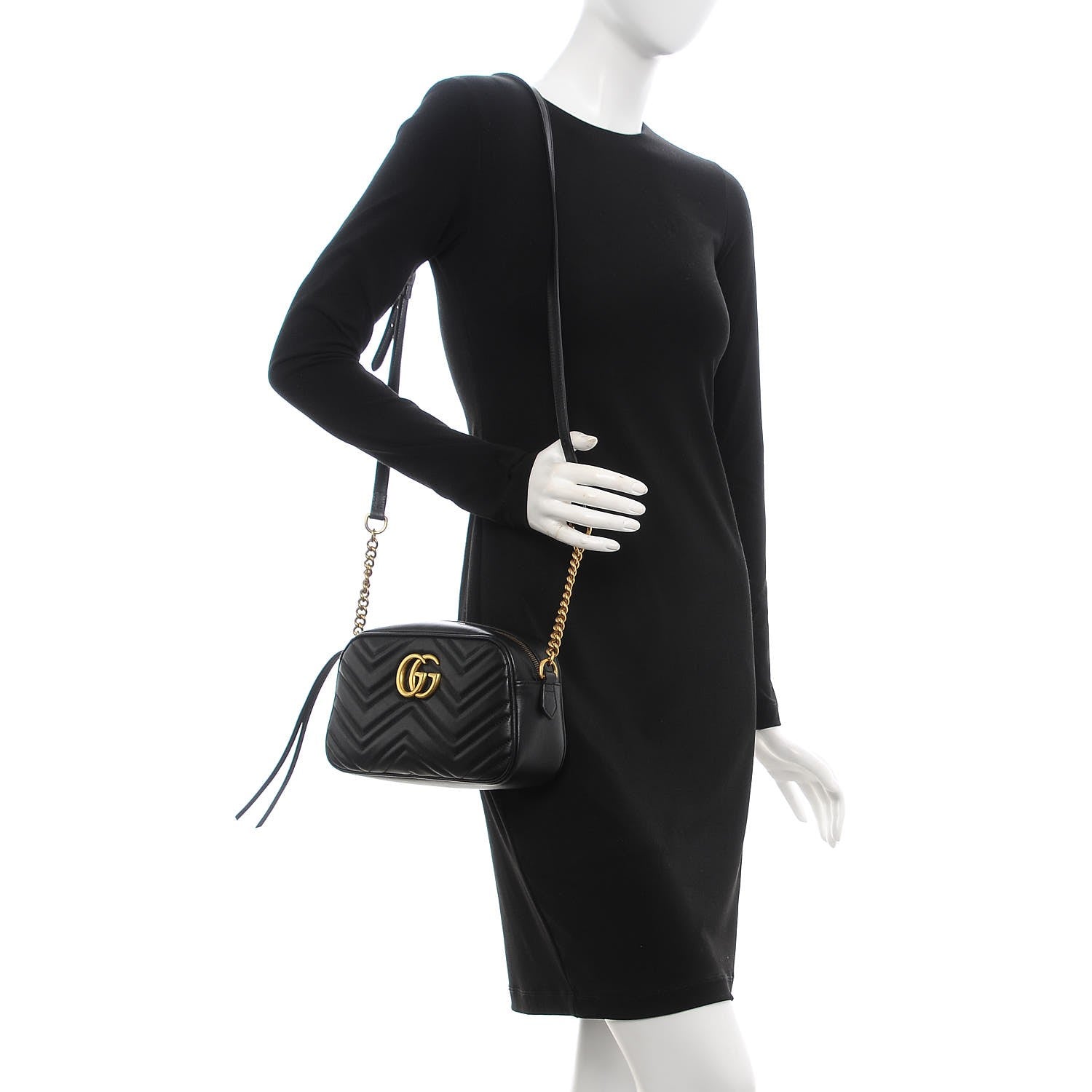 Gucci Calfskin Matelasse Small GG Marmont Chain Shoulder Bag Black 2 of 7