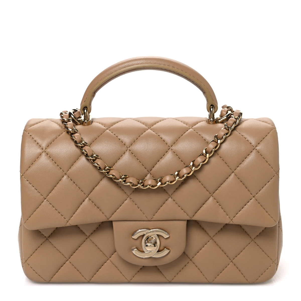 Lambskin Quilted Mini Top Handle Rectangular Flap Dark Beige