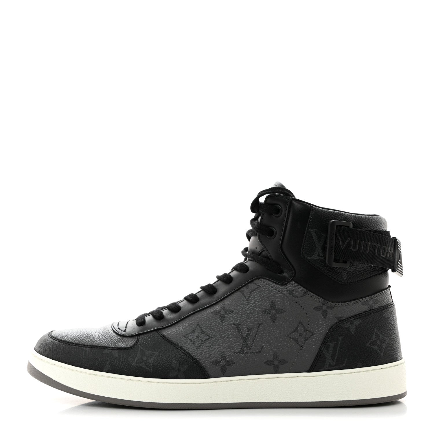 Louis Vuitton Calfskin Monogram Eclipse Mens Rivoli High Top Sneakers 10.5 Black Grey 1 of 9