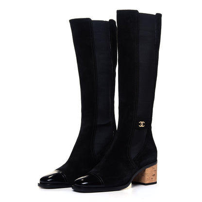 Chanel Suede Patent Calfskin CC Cork Cap Toe Tall Boots 39.5 Black 2 of 6