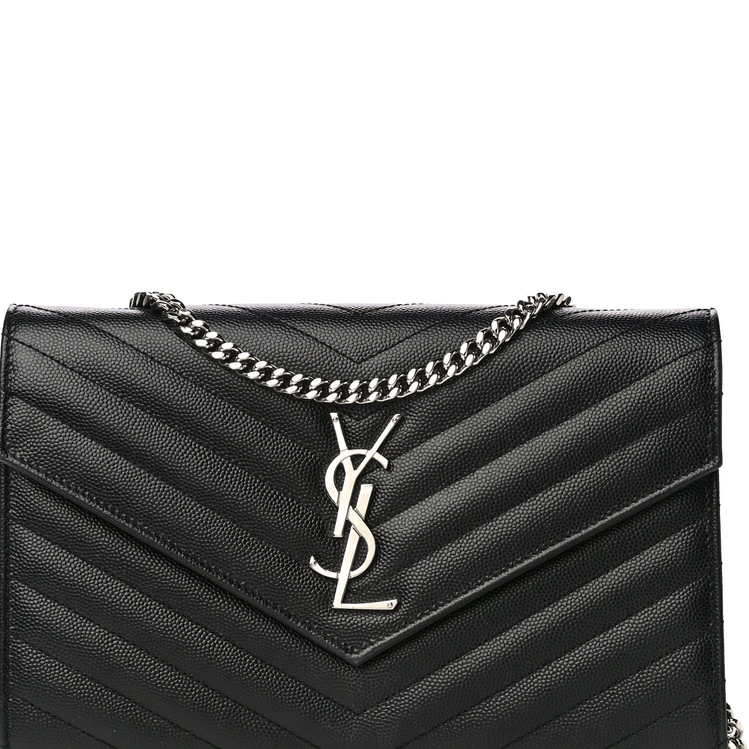 Saint Laurent Grain De Poudre Matelasse Chevron Monogram Chain Wallet Black 9 of 21