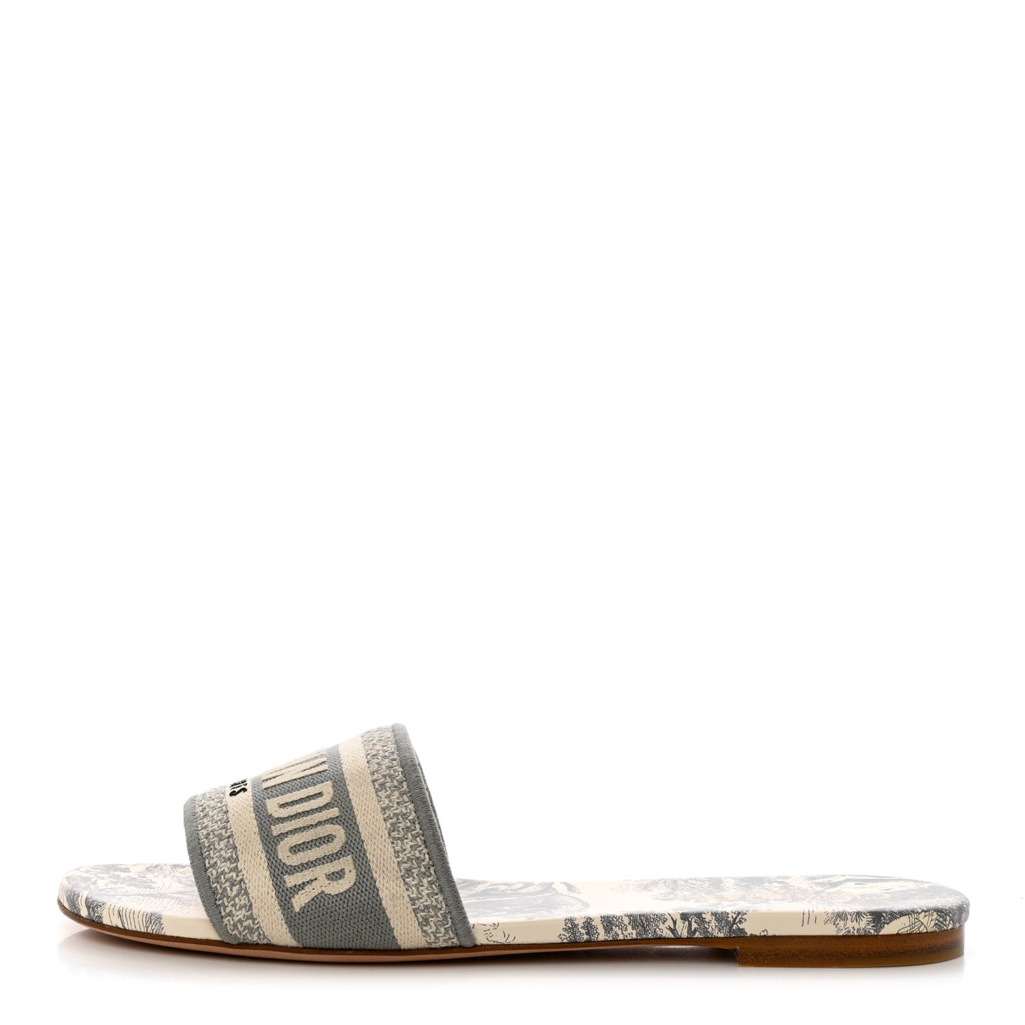 Canvas Toile de Jouy Embroidered Dway Flat Slide Sandals 39.5 Light Grey