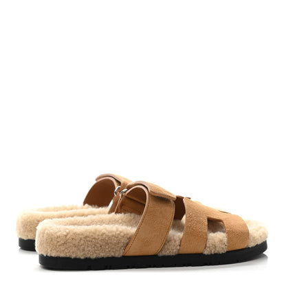 Hermes Suede Goatskin Woolskin Womens Chypre Sandals 35 Golden Beige 3 of 4