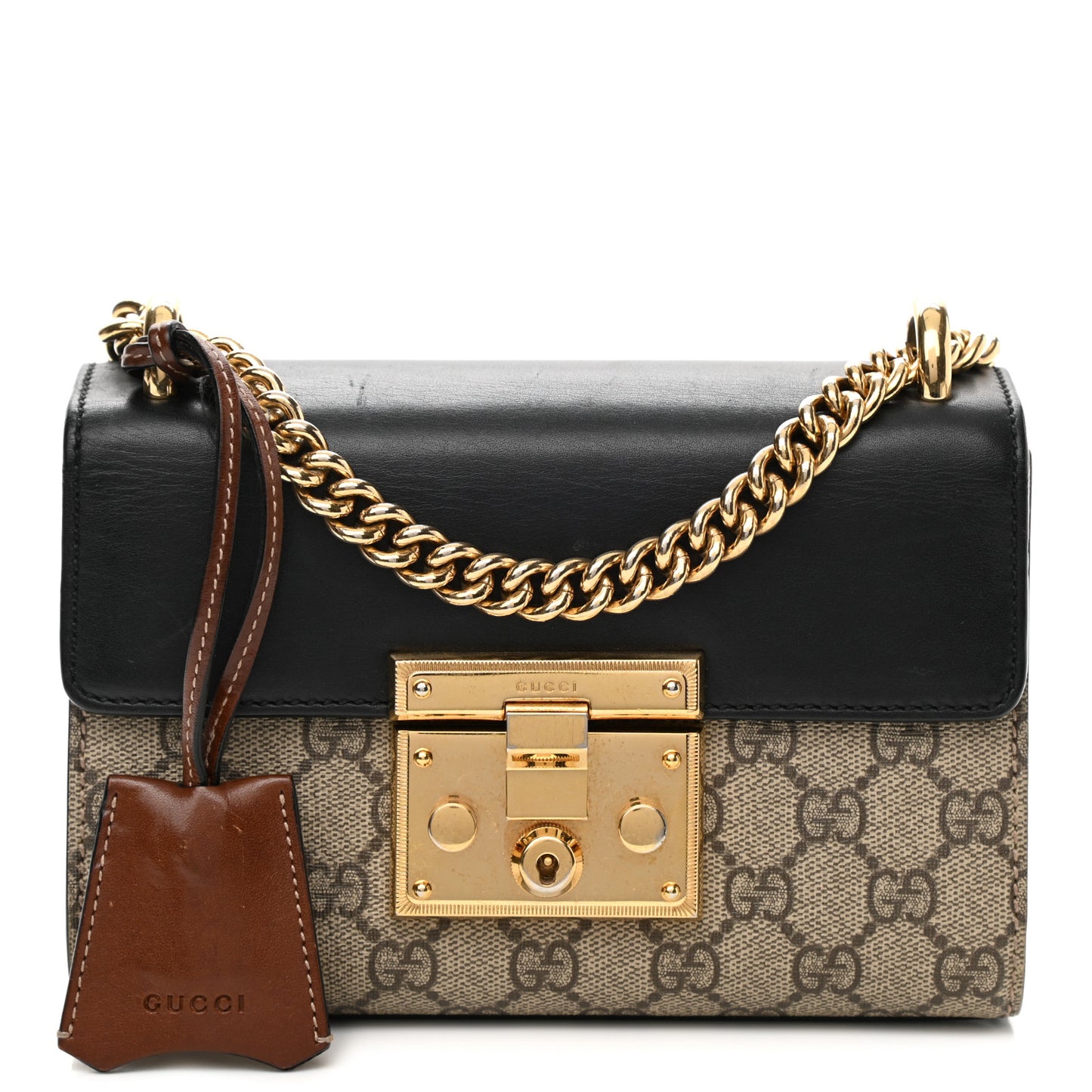 GG Supreme Monogram Calfskin Small Padlock Shoulder Bag Beige Black Cuir