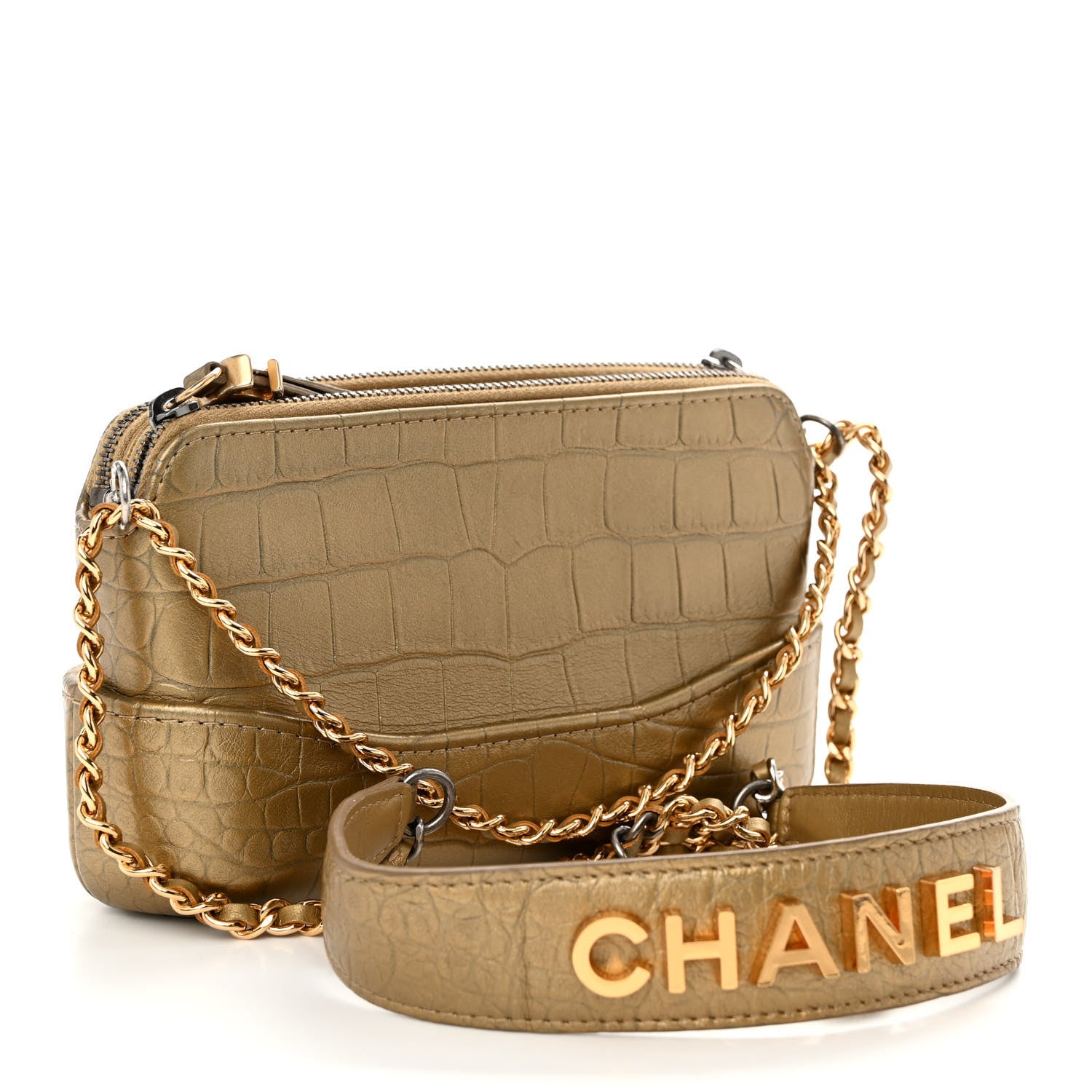 Chanel Metallic Calfskin Crocodile Embossed Small Gabrielle Clutch With Chain Gold 3 of 11