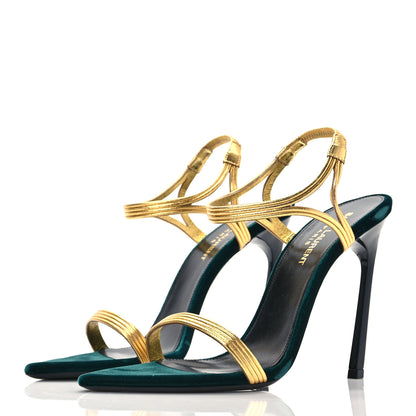 Saint Laurent Metallic Velvet Talitha Ankle Strap Sandals 39 Green Gold 3 of 9