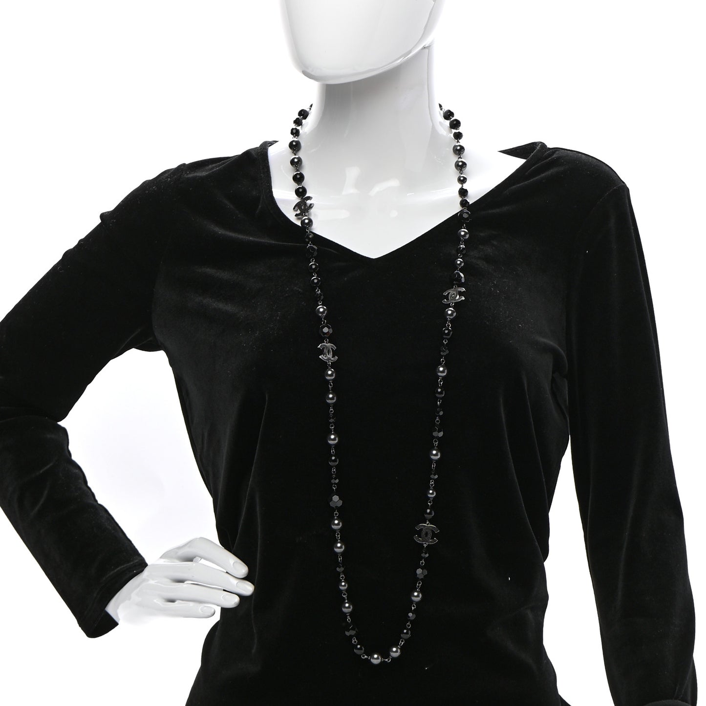 Pearl Bead Enamel CC Long Necklace Silver Black Grey