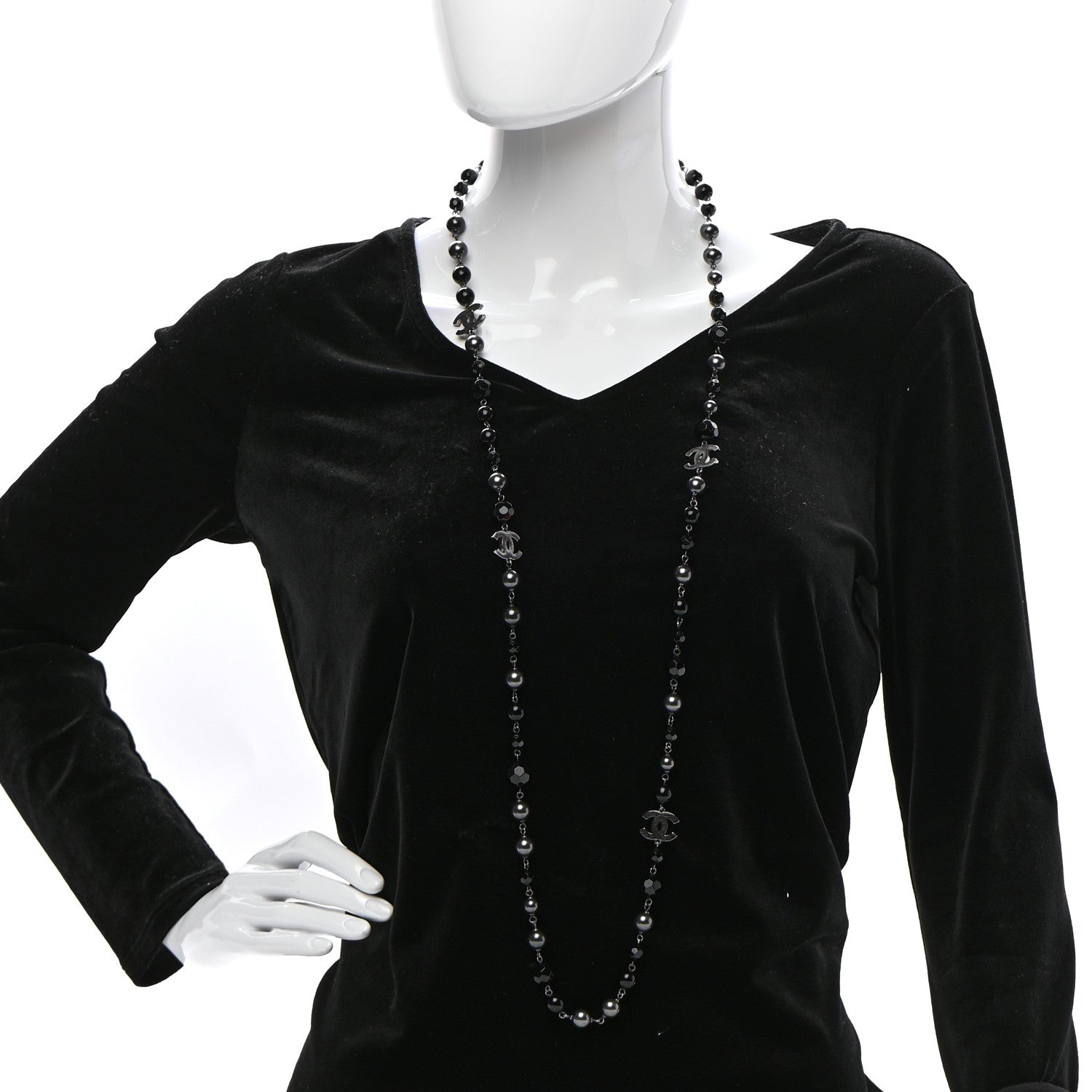 Chanel Pearl Bead Enamel CC Long Necklace Silver Black Grey 2 of 6