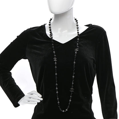 Chanel Pearl Bead Enamel CC Long Necklace Silver Black Grey 2 of 6