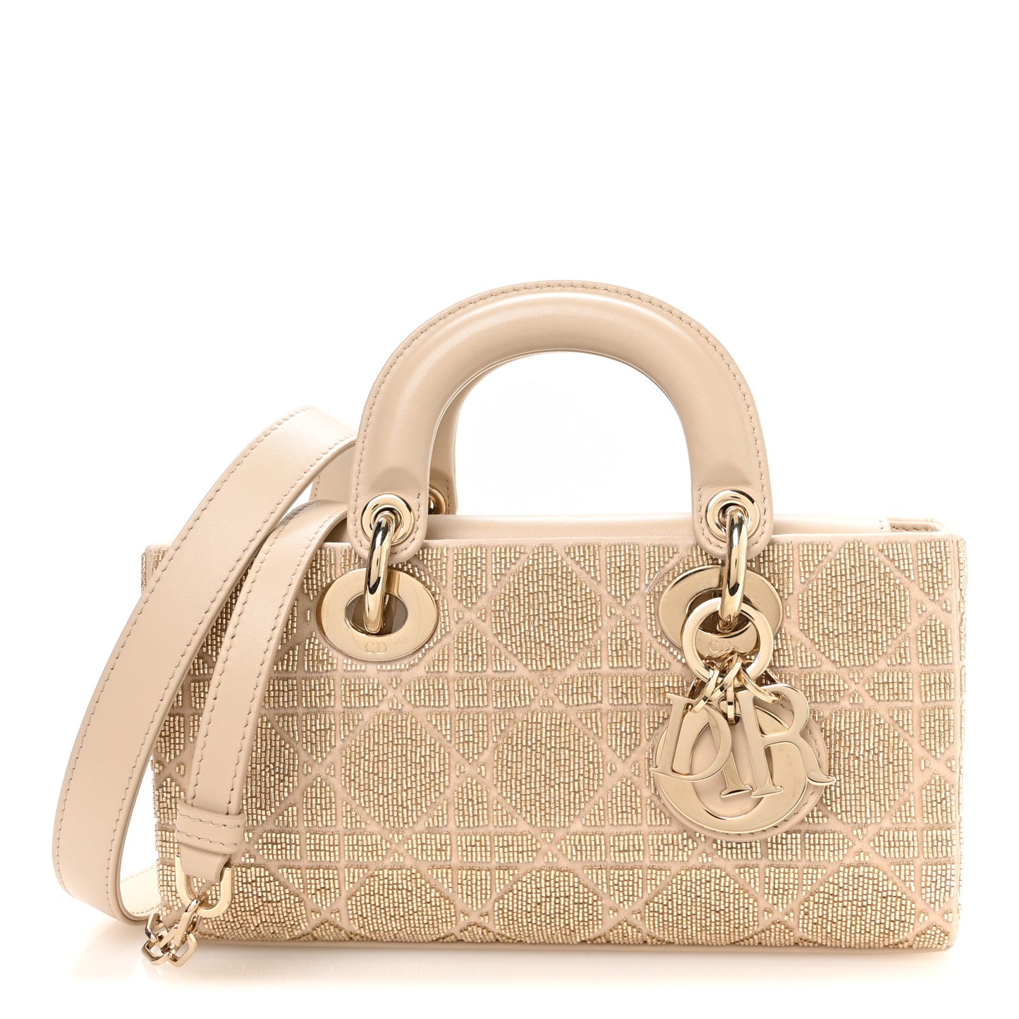 Lambskin Cannage Beaded Embroidered Micro Lady D-Joy Beige