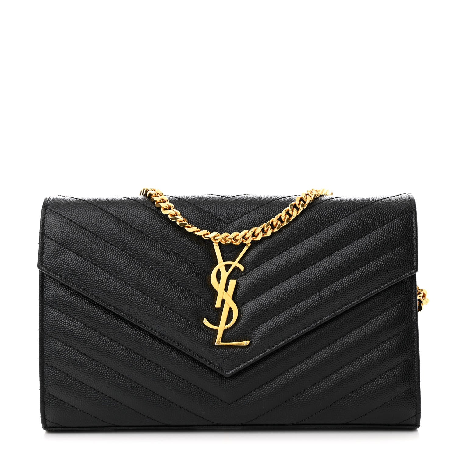 Saint Laurent Grain De Poudre Matelasse Chevron Monogram Chain Wallet Black 1 of 12
