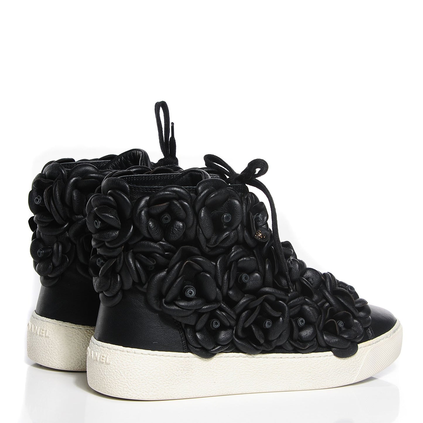 Calfskin Camellia High Top Sneakers 36 Black