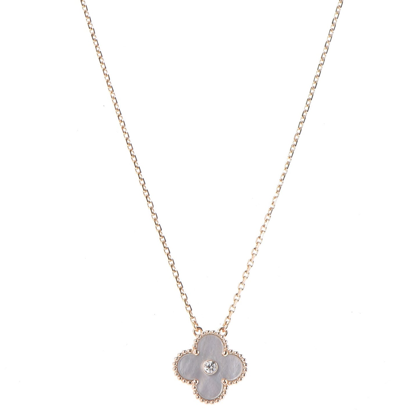 18K Rose Gold Diamond Mother of Pearl Vintage Alhambra Pendant Necklace
